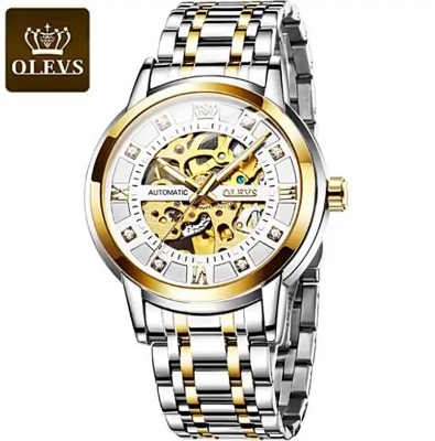 Picture of Olevs 9901G Silver & Golden Stainless Steel Automatic Mechanical Wrist Watch For Men - White Silver & Golden