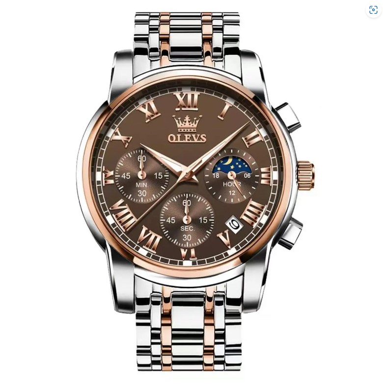 Picture of Olevs 2871G Silver & RoseGold Stainless Steel Chronograph Wrist Watch For Men - Bronze Silver & RoseGold
