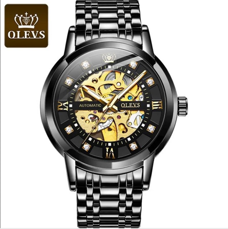 Picture of Olevs 9901G Silver & Golden Stainless Steel Automatic Mechanical Wrist Watch For Men - Black Silver & Golden