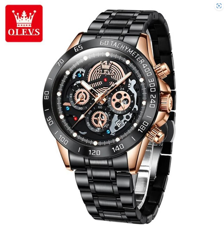 Picture of Olevs 9921S Black Stainless Steel Chronograph Wrist Watch For Men - RoseGold & Black