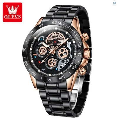 Picture of Olevs 9921S Black Stainless Steel Chronograph Wrist Watch For Men - RoseGold & Black