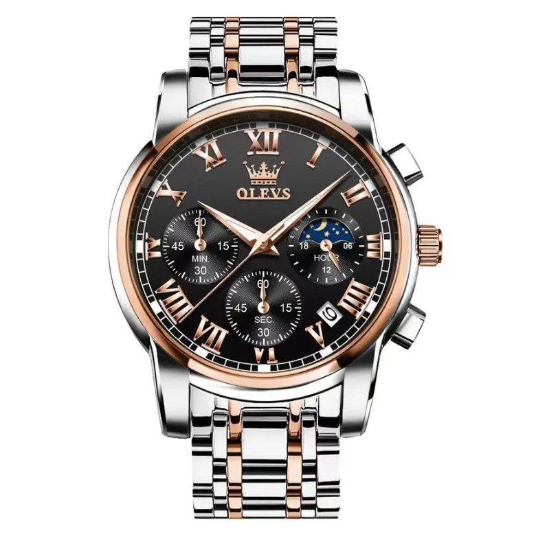 Picture of Olevs 2871G Silver & RoseGold Stainless Steel Chronograph Wrist Watch For Men - Black Silver & RoseGold