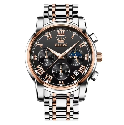 Picture of Olevs 2871G Silver & RoseGold Stainless Steel Chronograph Wrist Watch For Men - Black Silver & RoseGold