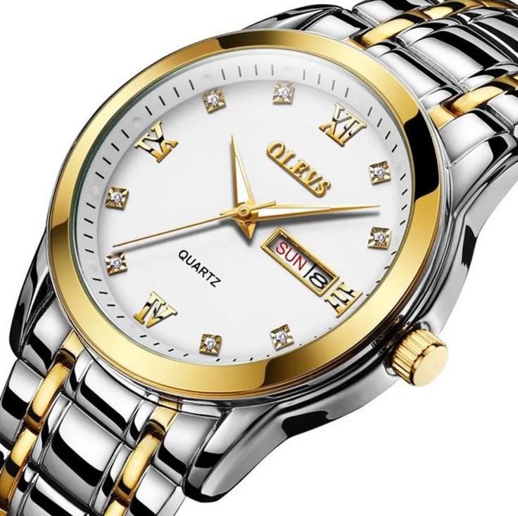 Picture of Olevs 8691S Golden & Silver Stainless Steel Analoge Wrist Watch For Men - White Silver & Golden