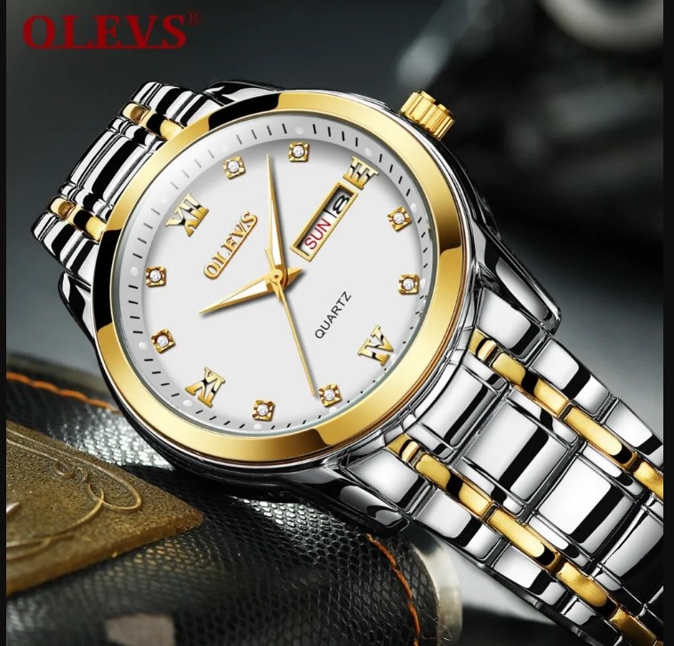 Picture of Olevs 8691S Golden & Silver Stainless Steel Analoge Wrist Watch For Men - White Silver & Golden