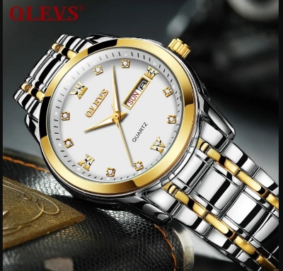 Picture of Olevs 8691S Golden & Silver Stainless Steel Analoge Wrist Watch For Men - White Silver & Golden