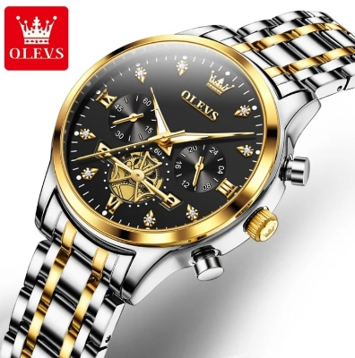 Picture of Olevs 2897F Silver & Golden Stainless Steel Chronograph Wrist Watch For Women - Black Silver & Golden