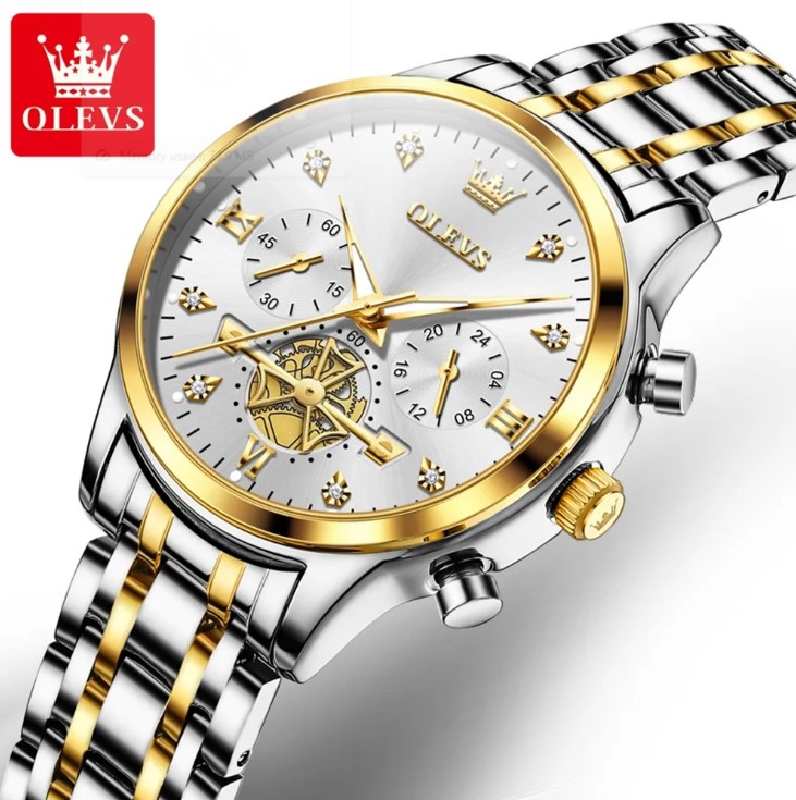 Picture of Olevs 2897F Silver & Golden Stainless Steel Chronograph Wrist Watch For Women - White Silver & Golden