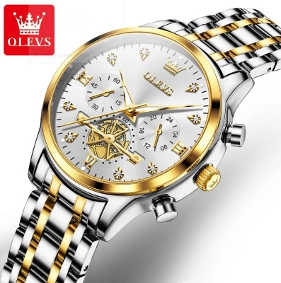 Picture of Olevs 2897F Silver & Golden Stainless Steel Chronograph Wrist Watch For Women - White Silver & Golden