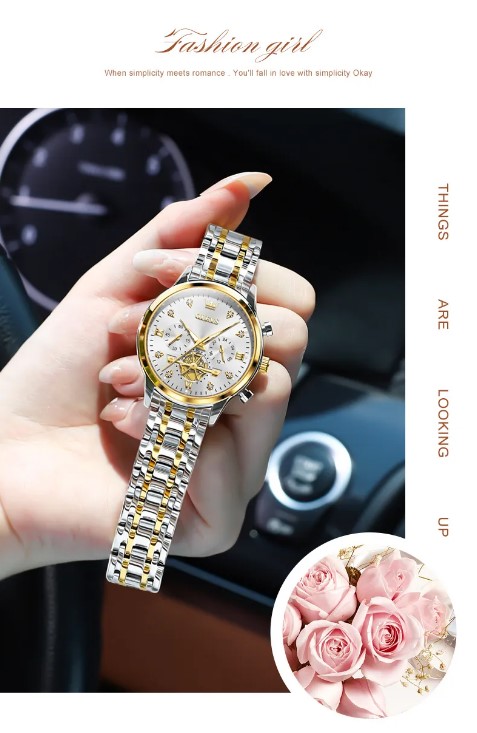 Picture of Olevs 2897F Silver & Golden Stainless Steel Chronograph Wrist Watch For Women - White Silver & Golden