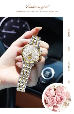 Picture of Olevs 2897F Silver & Golden Stainless Steel Chronograph Wrist Watch For Women - White Silver & Golden