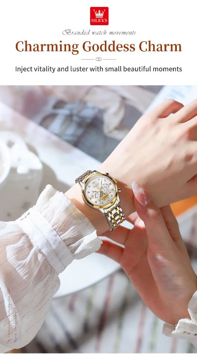 Picture of Olevs 2897F Silver & Golden Stainless Steel Chronograph Wrist Watch For Women - White Silver & Golden