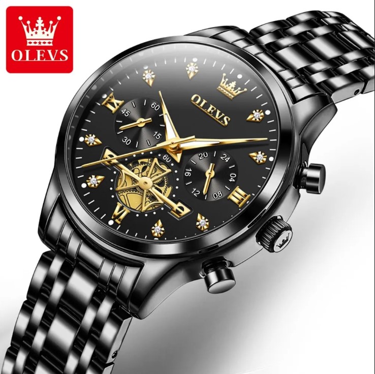 Picture of Olevs 2897F Black Stainless Steel Chronograph Wrist Watch For Women - Black