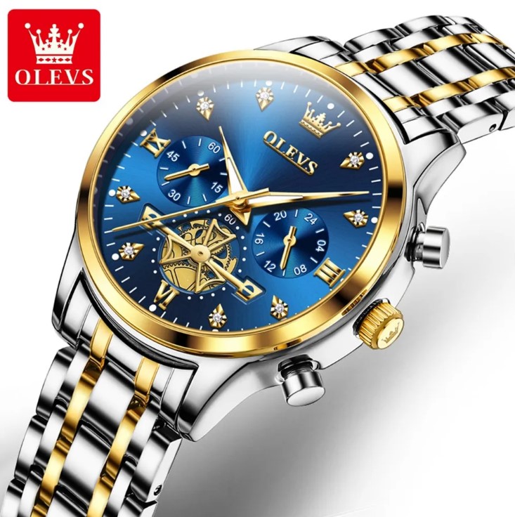 Picture of Olevs 2897F Silver & Golden Stainless Steel Chronograph Wrist Watch For Women - RoyalBlue Silver & Golden