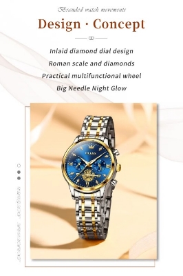 Picture of Olevs 2897F Silver & Golden Stainless Steel Chronograph Wrist Watch For Women - RoyalBlue Silver & Golden