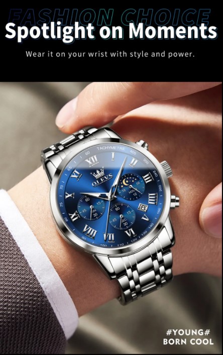 Picture of Olevs 5529G Silver Stainless Steel Chronograph Wrist Watch For Men - RoyalBlue & Silver