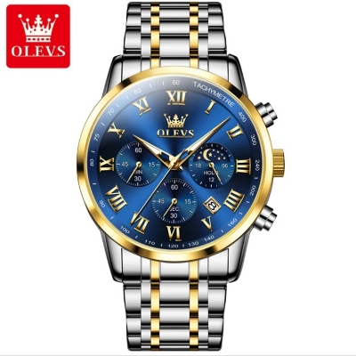 Picture of Olevs 5529G Silver & Golden Stainless Steel Chronograph Wrist Watch For Men - RoyalBlue Silver & Golden