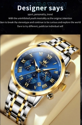Picture of Olevs 5529G Silver & Golden Stainless Steel Chronograph Wrist Watch For Men - RoyalBlue Silver & Golden