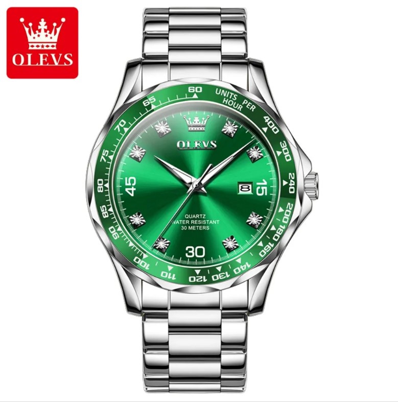 Picture of OLEVS 9988G Silver Stainless Steel Analog Wrist Watch For Men - Green & Silver