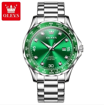 Picture of OLEVS 9988G Silver Stainless Steel Analog Wrist Watch For Men - Green & Silver