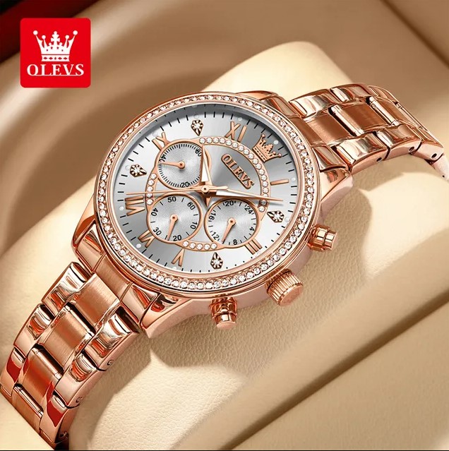 Picture of Olevs TY715F RoseGold Stainless Steel Chronograph Wrist Watch For Women - White & RoseGold