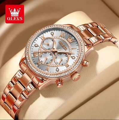 Picture of Olevs TY715F RoseGold Stainless Steel Chronograph Wrist Watch For Women - White & RoseGold