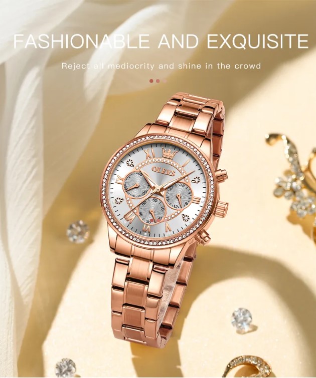 Picture of Olevs TY715F RoseGold Stainless Steel Chronograph Wrist Watch For Women - White & RoseGold