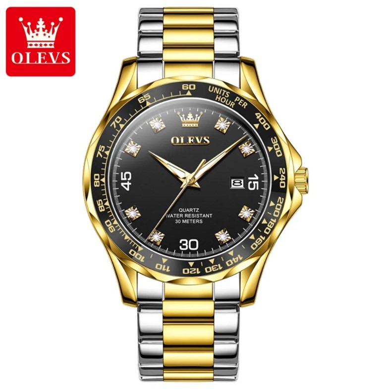 Picture of OLEVS 9988G Silver & Golden Stainless Steel Analog Wrist Watch For Men - Black Silver & Golden