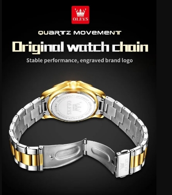 Picture of OLEVS 9988G Silver & Golden Stainless Steel Analog Wrist Watch For Men - Black Silver & Golden