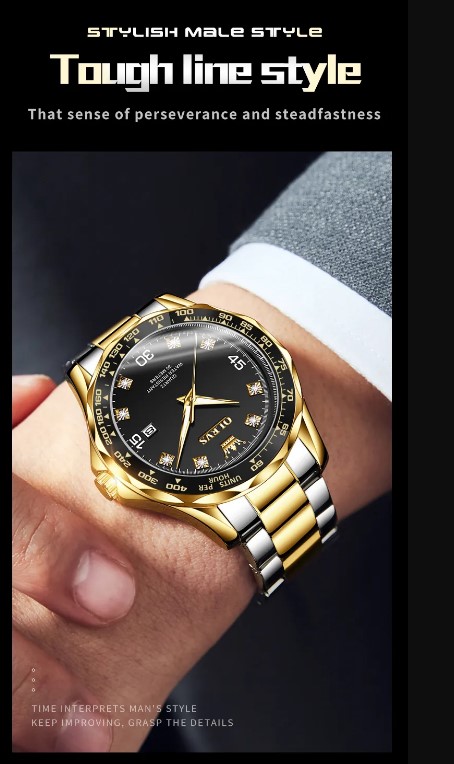 Picture of OLEVS 9988G Silver & Golden Stainless Steel Analog Wrist Watch For Men - Black Silver & Golden