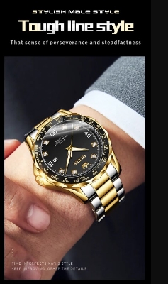 Picture of OLEVS 9988G Silver & Golden Stainless Steel Analog Wrist Watch For Men - Black Silver & Golden