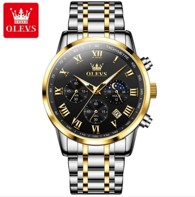 Picture of Olevs 5529G Silver & Golden Stainless Steel Chronograph Wrist Watch For Men - Black Silver & Golden