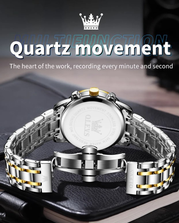 Picture of Olevs 5529G Silver & Golden Stainless Steel Chronograph Wrist Watch For Men - Black Silver & Golden