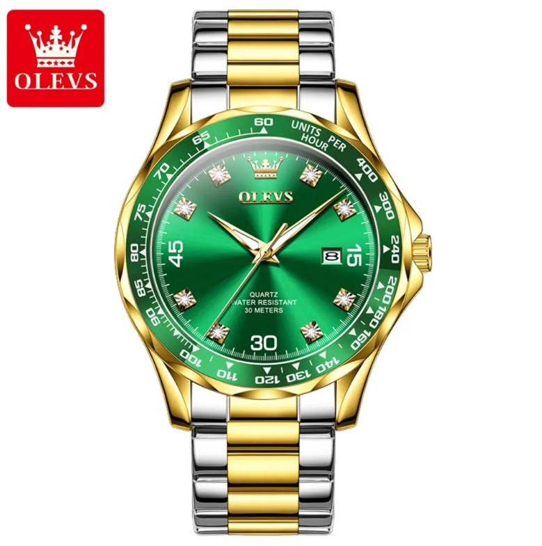 Picture of OLEVS 9988G Silver & Golden Stainless Steel Analog Wrist Watch For Men - Green Silver & Golden