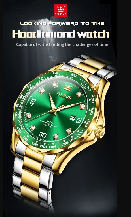 Picture of OLEVS 9988G Silver & Golden Stainless Steel Analog Wrist Watch For Men - Green Silver & Golden