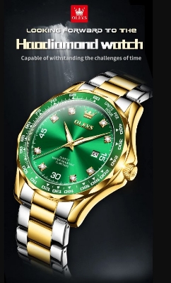 Picture of OLEVS 9988G Silver & Golden Stainless Steel Analog Wrist Watch For Men - Green Silver & Golden