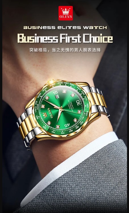 Picture of OLEVS 9988G Silver & Golden Stainless Steel Analog Wrist Watch For Men - Green Silver & Golden