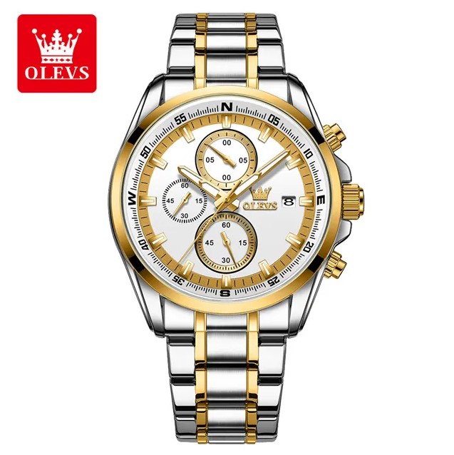 Picture of Olevs TY713G Silver & Golden Stainless Steel Chronograph Wrist Watch For Men - White Silver & Golden