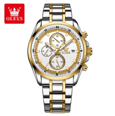 Picture of Olevs TY713G Silver & Golden Stainless Steel Chronograph Wrist Watch For Men - White Silver & Golden