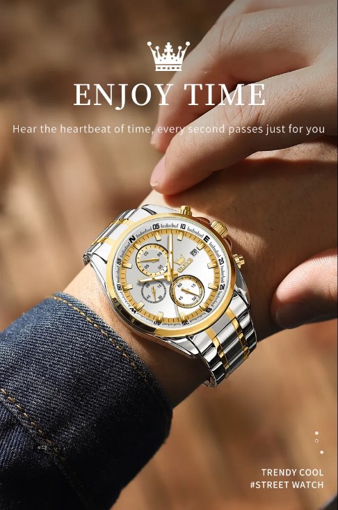 Picture of Olevs TY713G Silver & Golden Stainless Steel Chronograph Wrist Watch For Men - White Silver & Golden