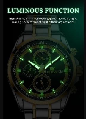 Picture of Olevs TY713G Silver & Golden Stainless Steel Chronograph Wrist Watch For Men - White Silver & Golden