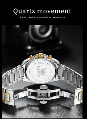 Picture of Olevs TY713G Silver & Golden Stainless Steel Chronograph Wrist Watch For Men - White Silver & Golden