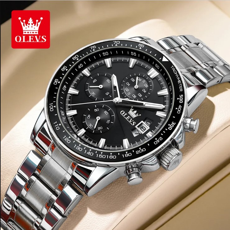 Picture of Olevs TY705G Silver Stainless Steel Chronograph Wrist Watch For Men - Black & Silver
