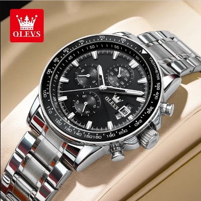 Picture of Olevs TY705G Silver Stainless Steel Chronograph Wrist Watch For Men - Black & Silver