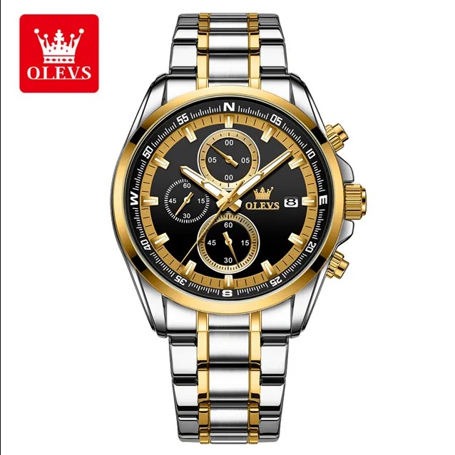 Picture of Olevs TY713G Silver & Golden Stainless Steel Chronograph Wrist Watch For Men - Black Silver & Golden