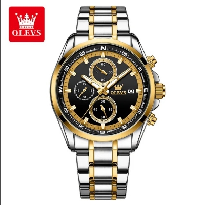 Picture of Olevs TY713G Silver & Golden Stainless Steel Chronograph Wrist Watch For Men - Black Silver & Golden