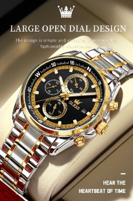 Picture of Olevs TY713G Silver & Golden Stainless Steel Chronograph Wrist Watch For Men - Black Silver & Golden