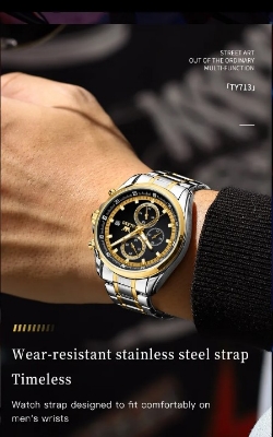 Picture of Olevs TY713G Silver & Golden Stainless Steel Chronograph Wrist Watch For Men - Black Silver & Golden