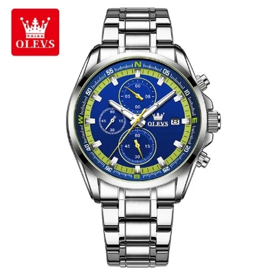 Picture of Olevs TY713G Silver Stainless Steel Chronograph Wrist Watch For Men - RoyalBlue & Silver