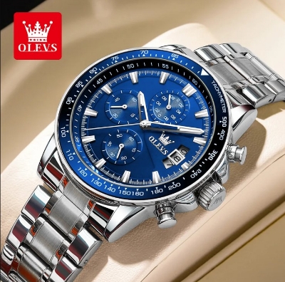 Picture of Olevs TY705G Silver Stainless Steel Chronograph Wrist Watch For Men - RoyalBlue & Silver